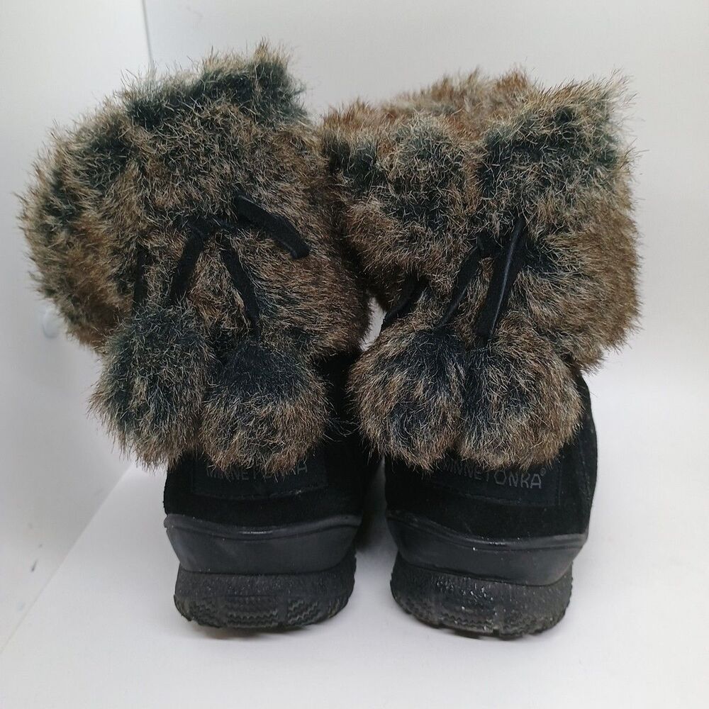 MINNETONKA Suede Ankle Boots Faux Fur Lined Black Womens Sz 8M Style#85240 - Picture 3 of 9